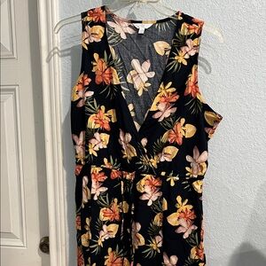 Floral Sleeveless Dress - Black with Orange, Yellow Flowers with Pockets, Large